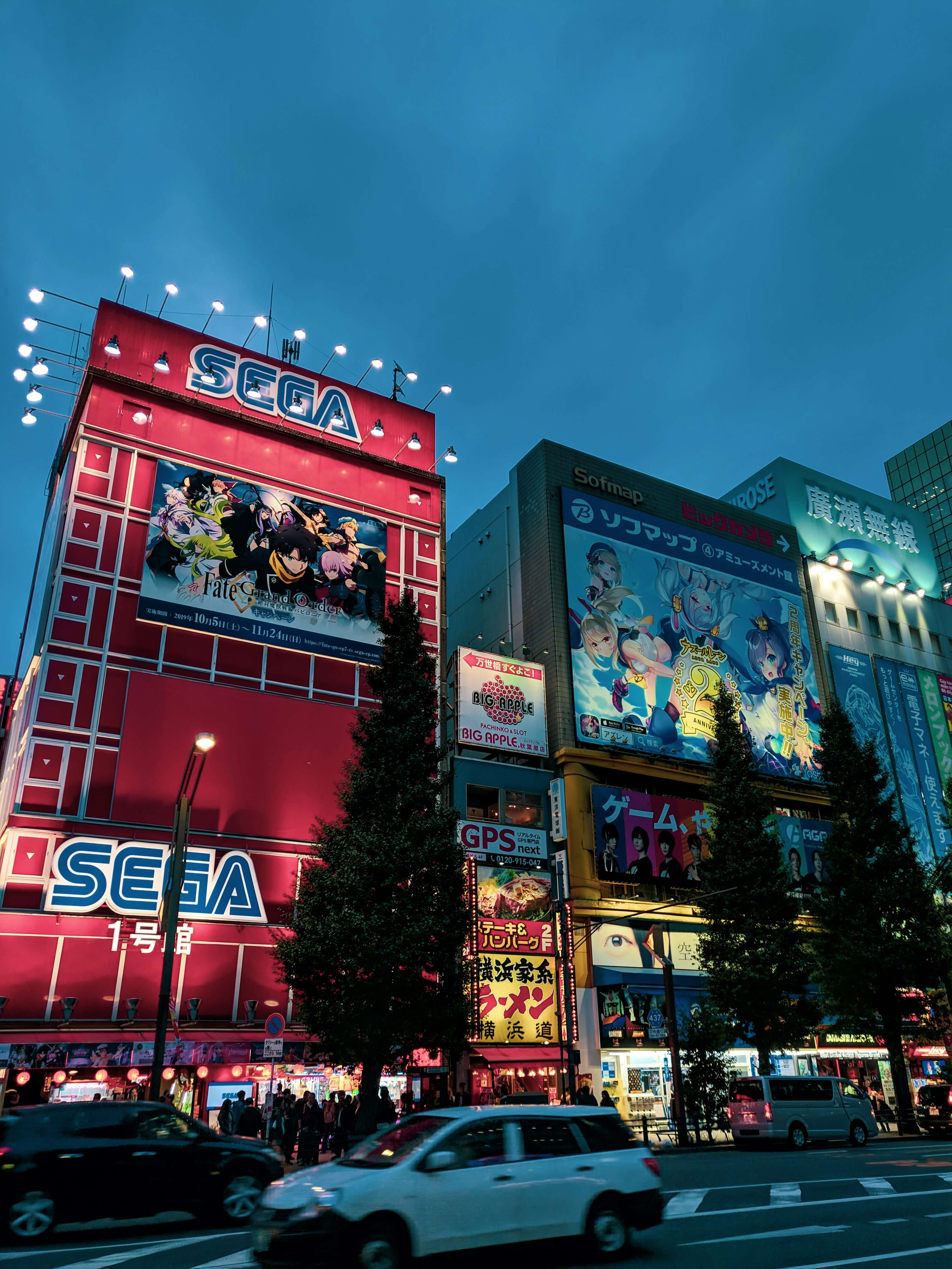 Akihabara Tokyo street with SEGA arcade building and anime billboards at night