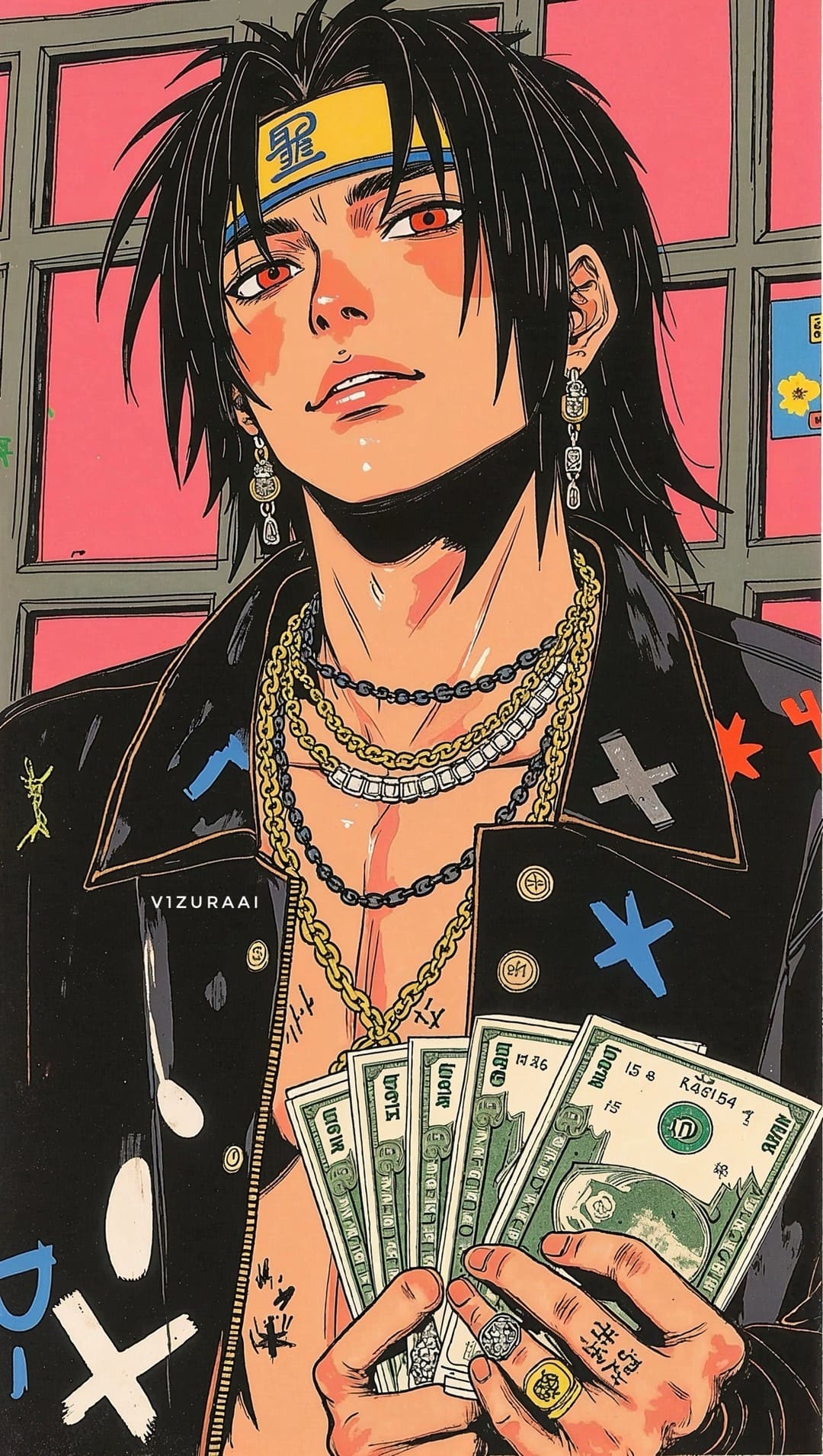 Anime artwork of a stylish male character holding money in front of pink background